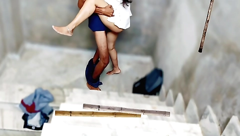 Hot college couple Hindi sex vid with blonde teen on ladder