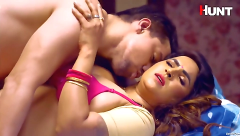 Hot brunette milf with a big tits takes her lover on her bed