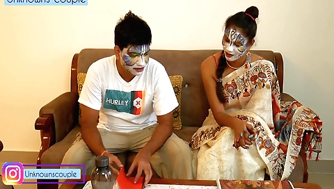 Amateur brunette in a black outfit and a black skirt